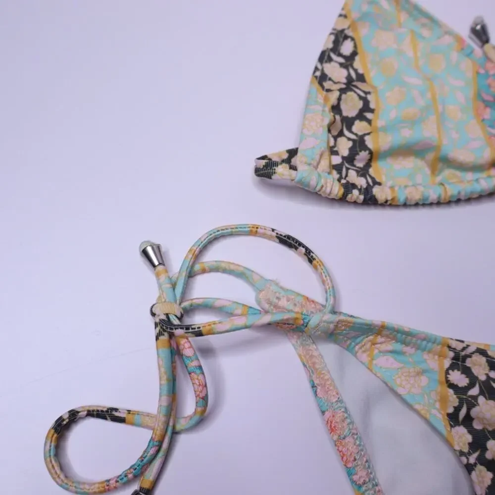 TULAROSA Two-Piece String Bikini Set Floral Green Halter Side Tie Women's XS/S